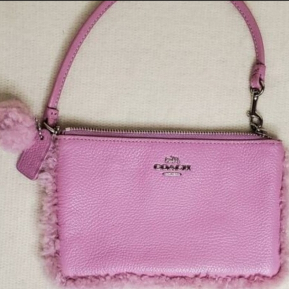 Coach Pink Sherling Trim Genuine Leather Mini Handbag Wristlet W/ Hangtag Pompom - Picture 5 of 6